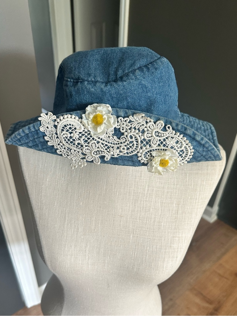 Vintage 90s Denim Bucket Hat Floral Lace Boho Cottagecore Embellished Sun Hat